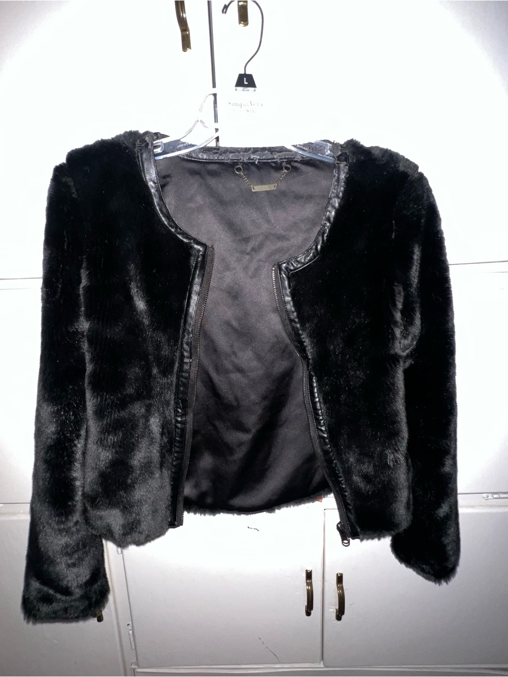 Womens Black Faux Fur Open-Front Jacket